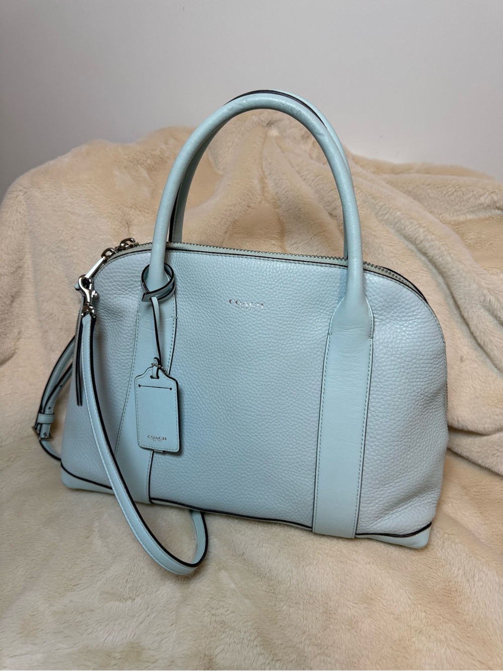 Coach Bleecker Pebble Leather Satchel in Pale Blue